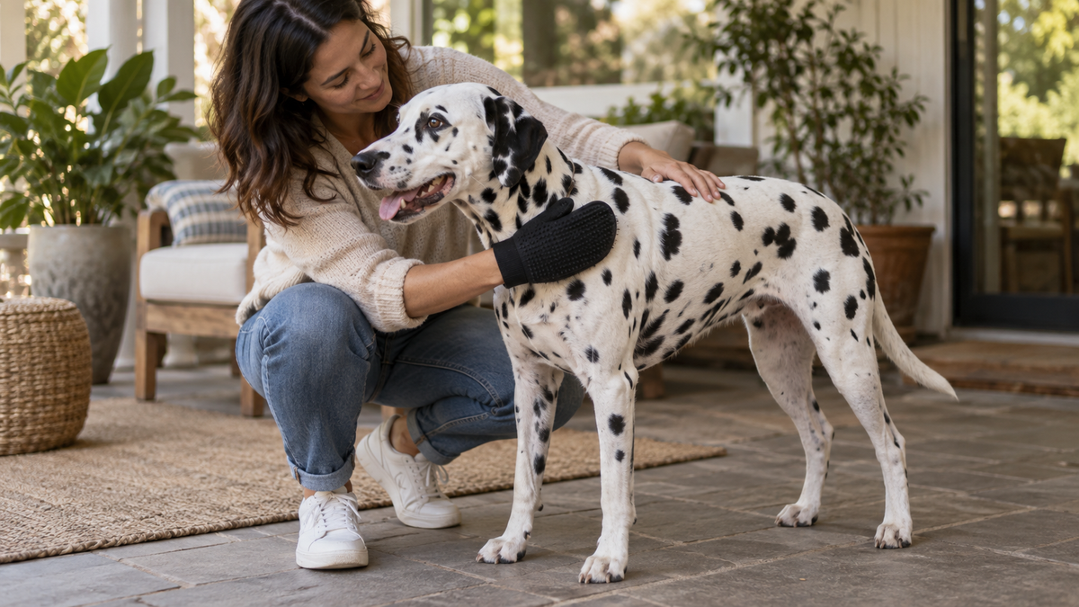 A guardian gently brushing a Dalmatian's short spotted coat with a rubber mitt