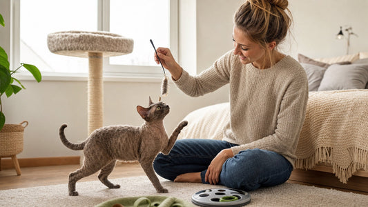 Alert Devon Rex cat with large ears and a soft wavy coat sitting in a warm modern home