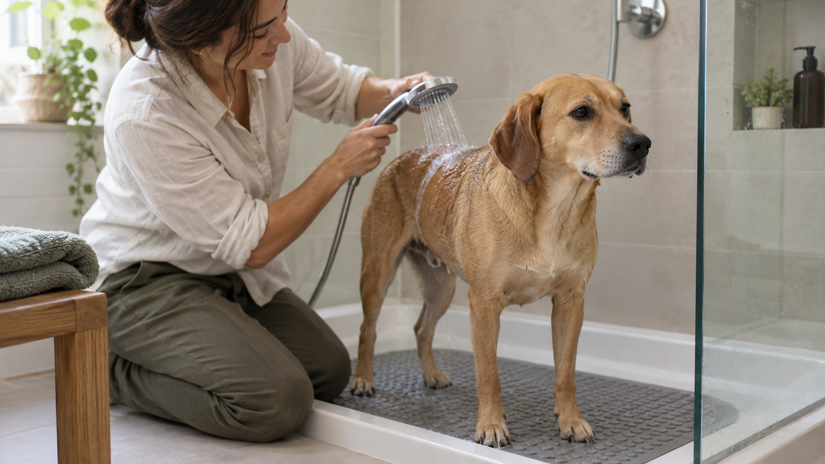 A guardian gently rinsing a tan dog's back while it stands on a non-slip shower mat