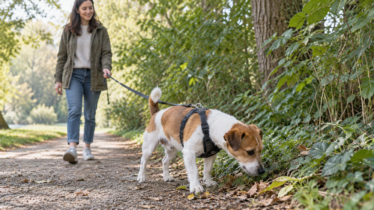 A relaxed dog pausing to sniff beside a leafy path on a loose lead
