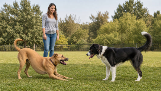 Two dogs interacting in a park with one offering a relaxed play bow and both showing loose body language