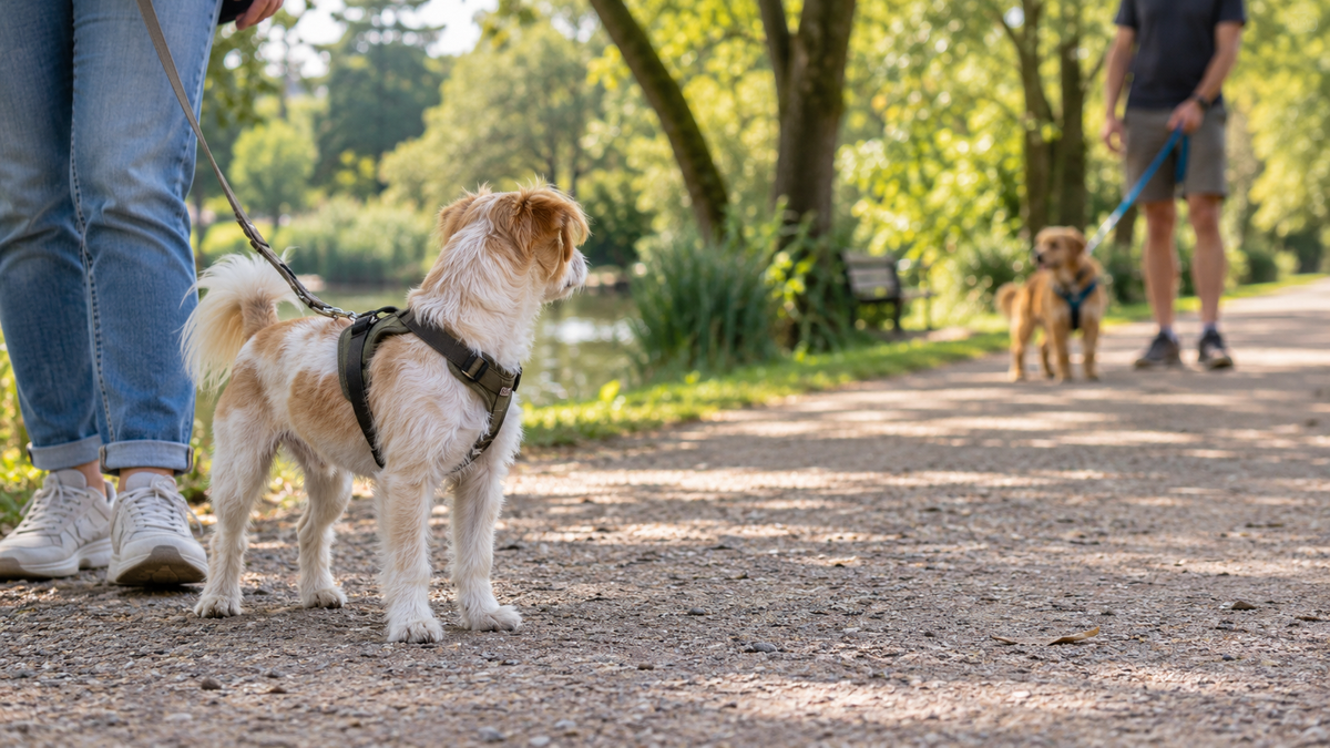 A small dog calmly observing another dog from a comfortable distance in a park