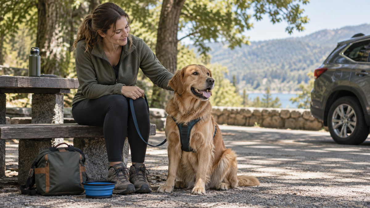 Dog and owner taking a shaded rest break beside a water bowl during a road trip