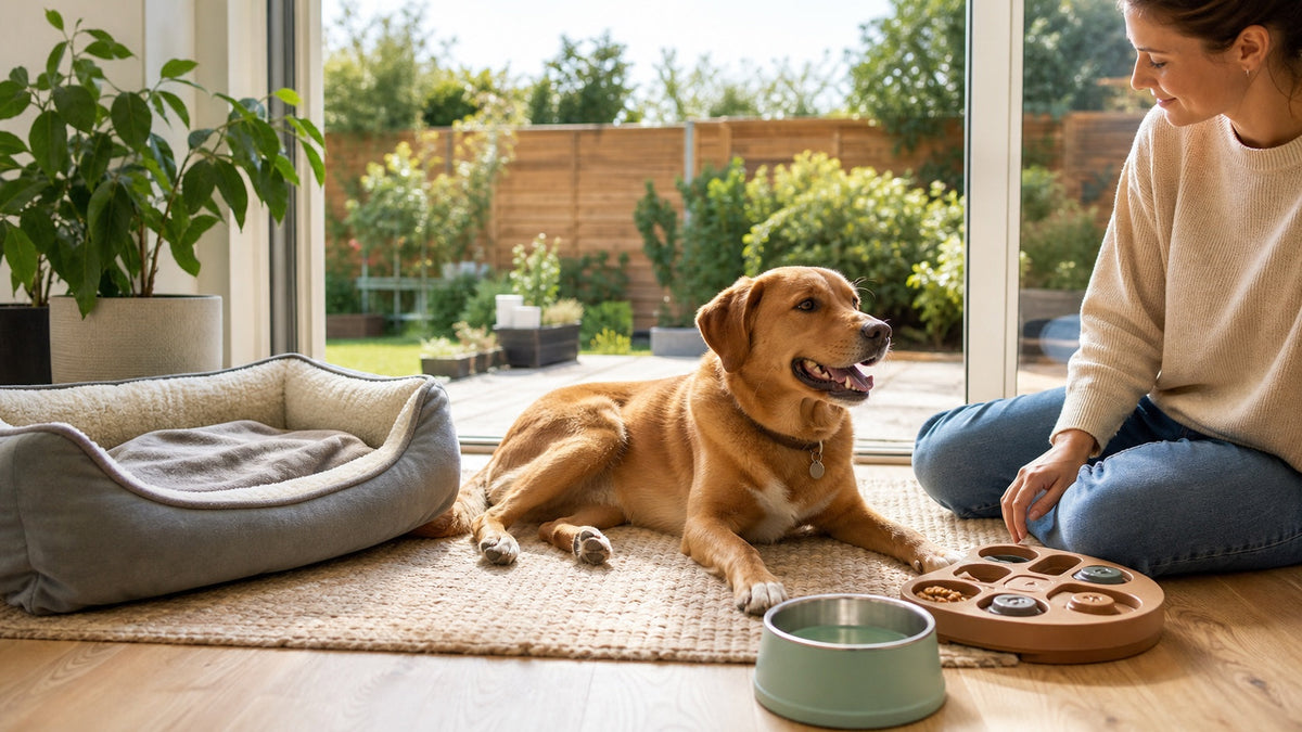 Relaxed family dog at home with a comfortable bed, water, enrichment toy and walking harness nearby