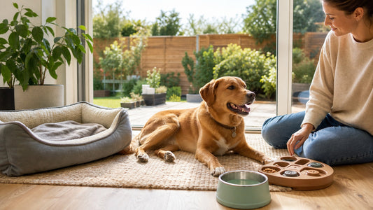 Relaxed family dog at home with a comfortable bed, water, enrichment toy and walking harness nearby