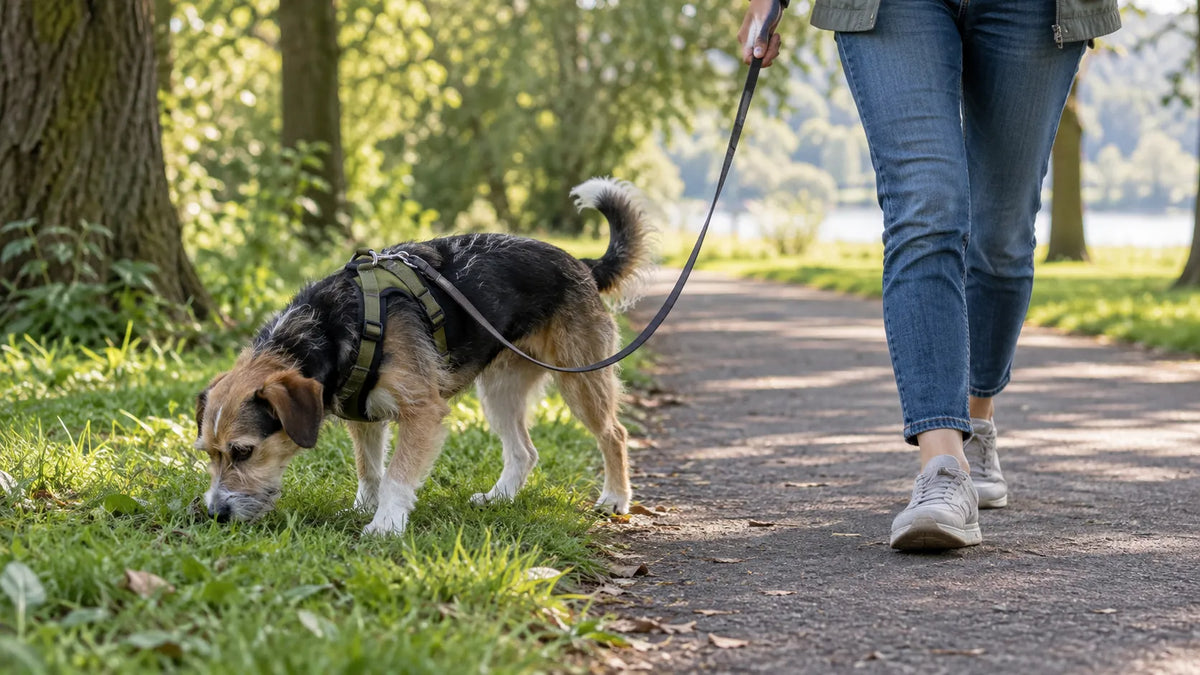 Dog sniffing grass beside a park path on a loose lead
