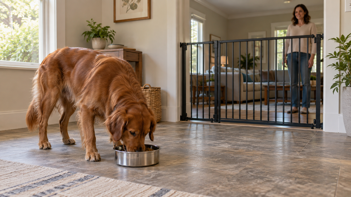 Dog eating in a quiet separate area with an owner at a distance on the other side of a safety gate