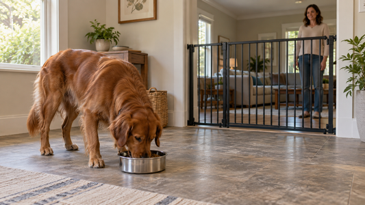 Dog eating in a quiet separate area with an owner at a distance on the other side of a safety gate