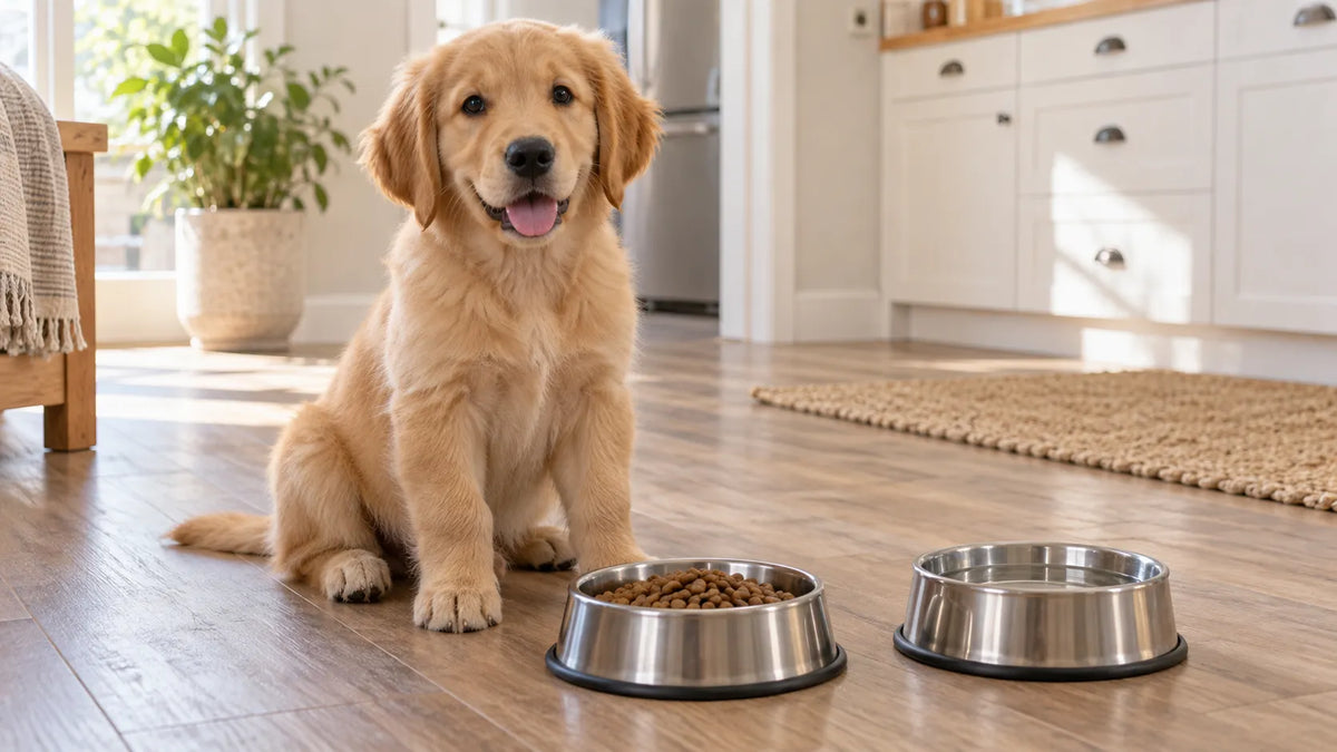 Golden Retriever puppy beside food and water bowls