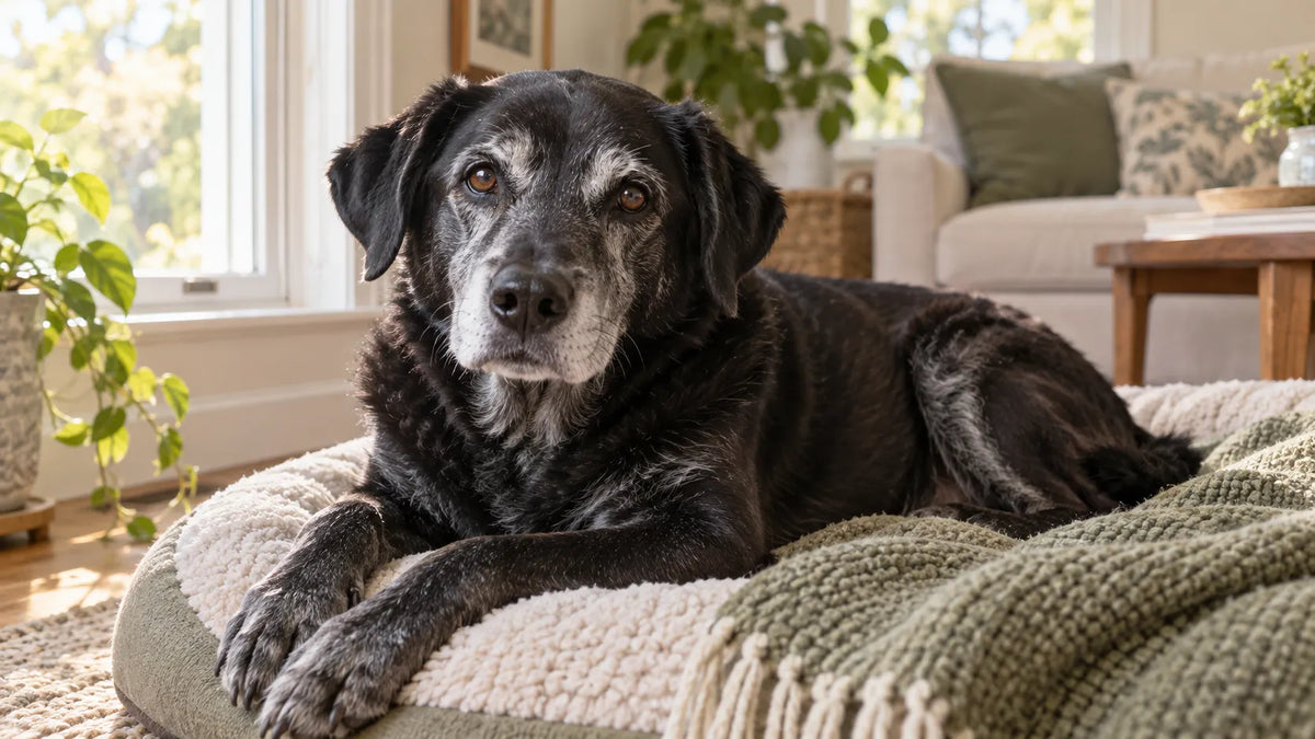 Black dog with a silver muzzle resting by a window
