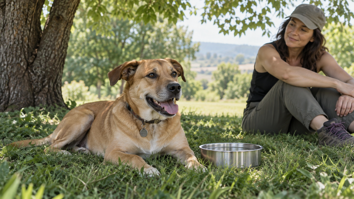 Dog resting in tree shade beside a water bowl while an owner watches nearby