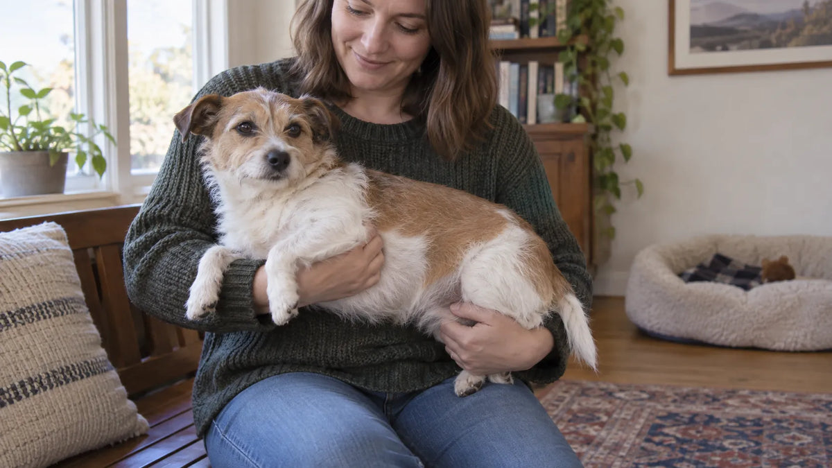Seated adult cradling a small dog with its chest and rear supported