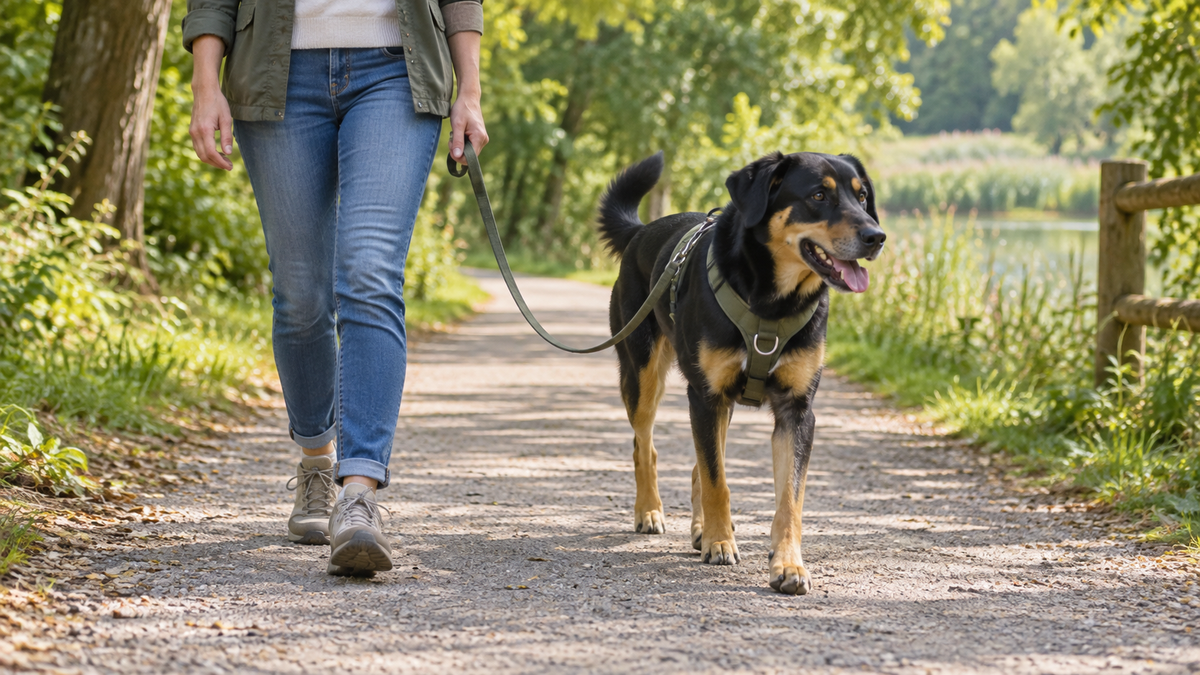 Dog walking beside its owner on a park path with a visibly loose leash