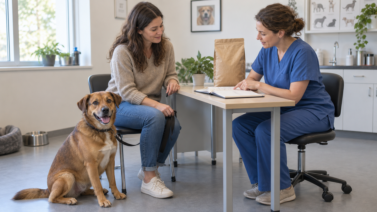 Owner discussing a dog's feeding notes with a veterinarian while the dog sits calmly nearby