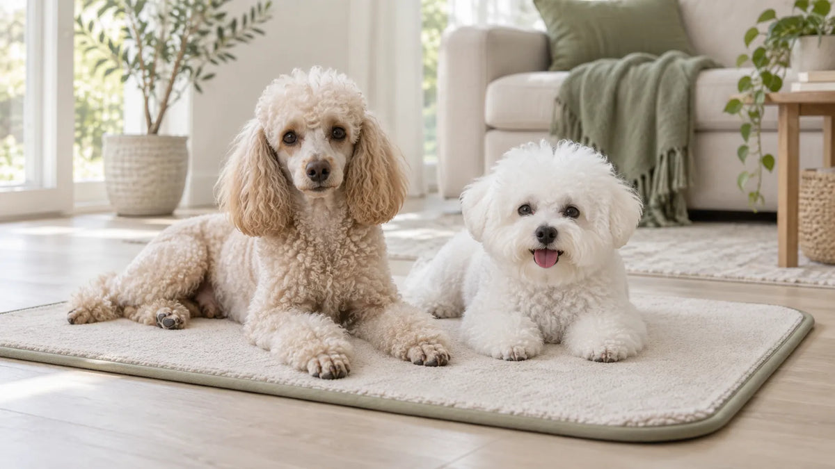 Poodle and Bichon Frise resting on a clean mat