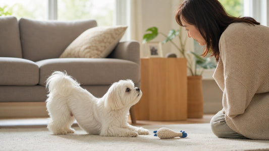 Relaxed Maltese dog offering a loose play bow in a bright living room