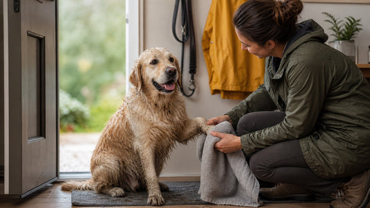 Owner gently drying a dog's paw with a clean towel at the doorway after a rainy walk