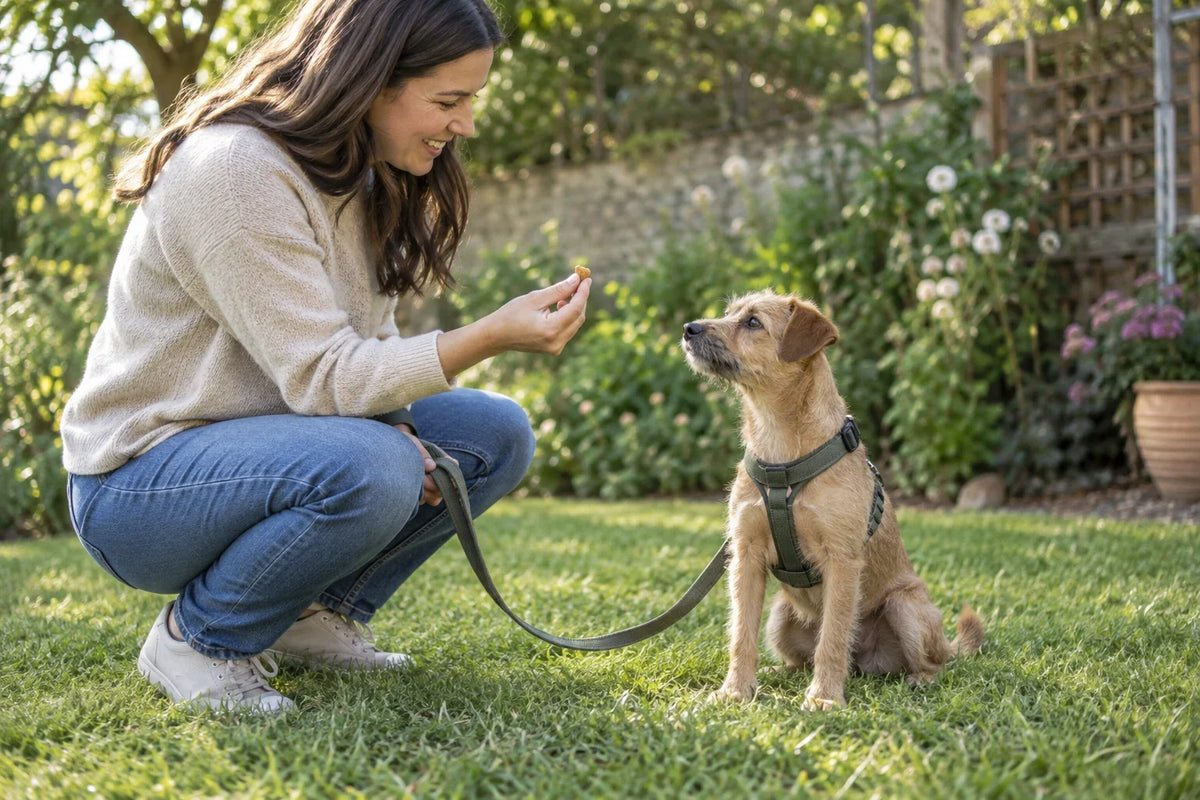 An owner rewarding a small dog sitting calmly in a garden with a loose lead
