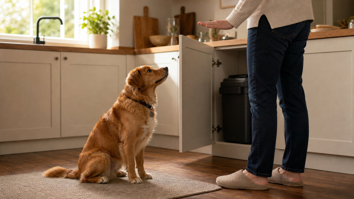Dog calmly sitting with its owner beside a securely closed kitchen trash bin