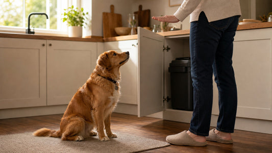 Dog calmly sitting with its owner beside a securely closed kitchen trash bin
