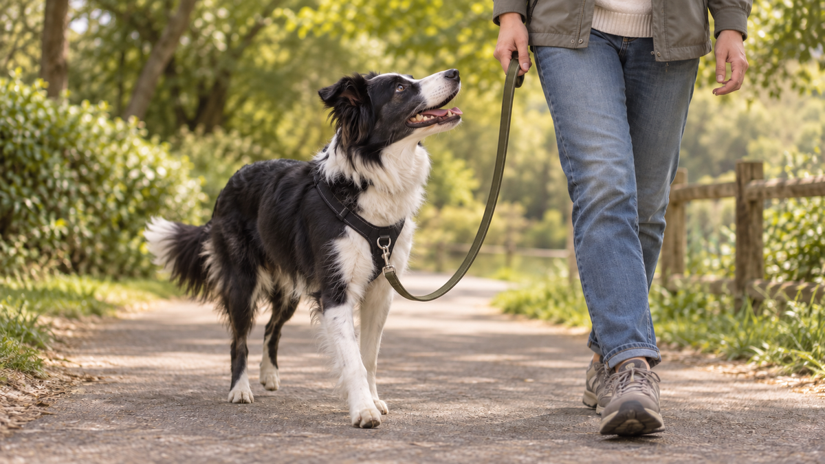 Dog on a loose leash looking up at its owner during a walk on a clean park path