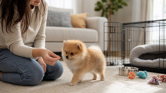 Young Pomeranian puppy resting calmly in a puppy-proofed living room beside a soft bed and water bowl