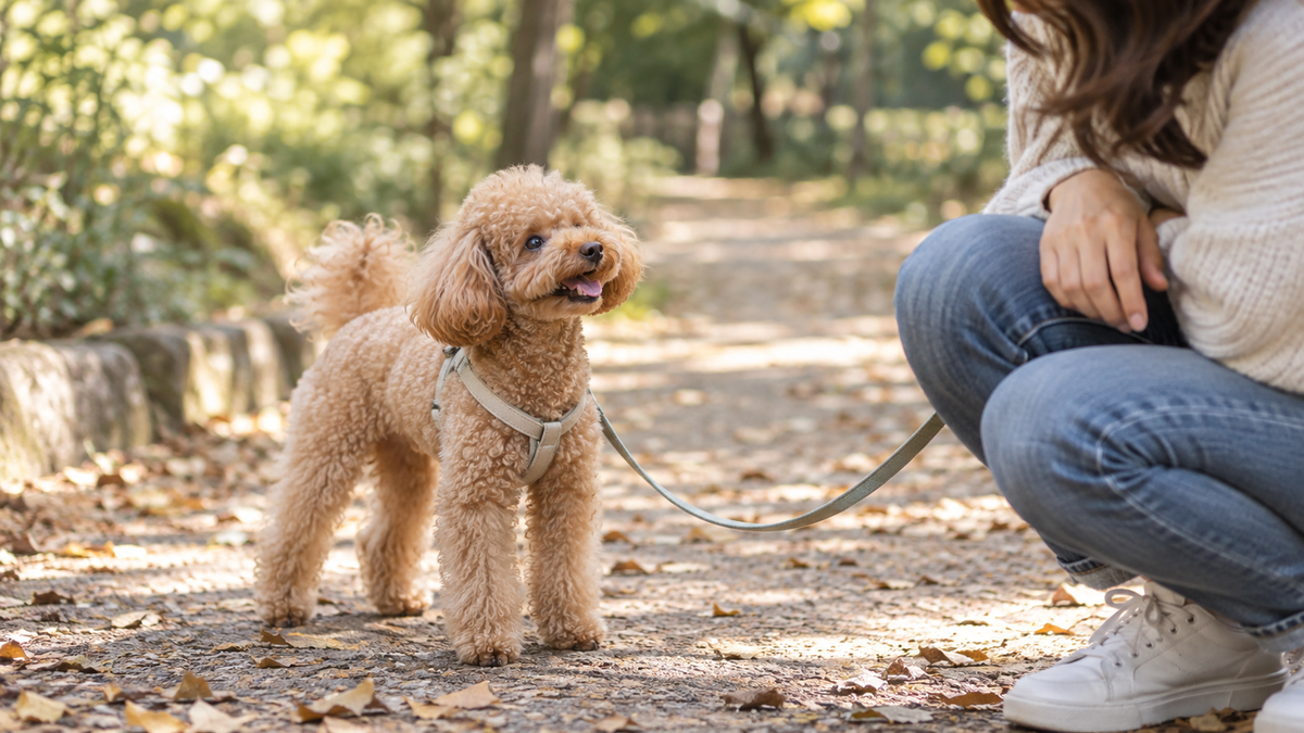 An apricot Toy Poodle looking toward its guardian on a quiet park path