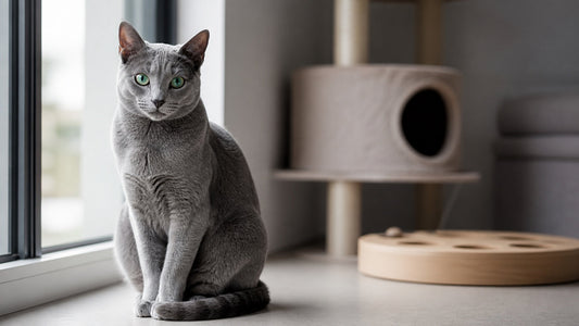 Russian Blue cat with a silver-blue coat and green eyes sitting beside a window