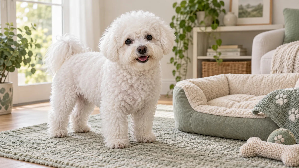 Bichon Frise standing beside a low dog bed