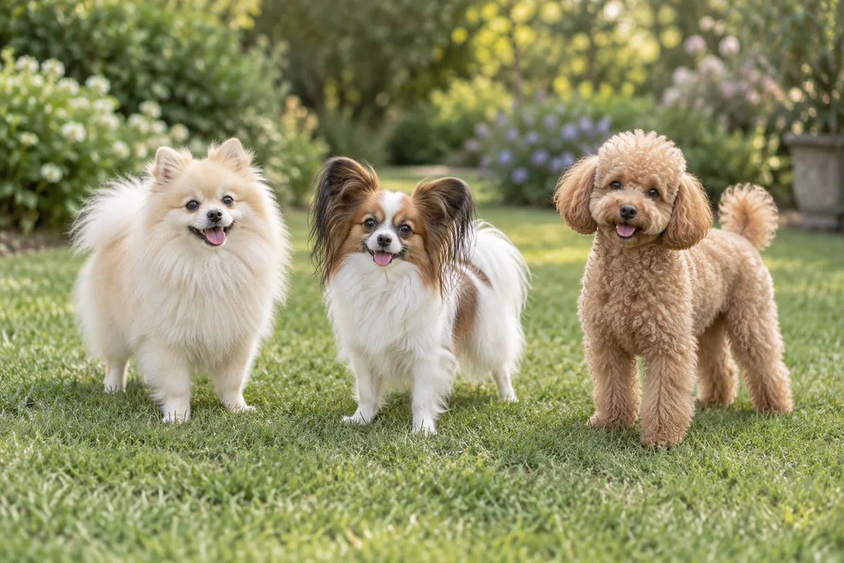 A Pomeranian, Papillon and toy poodle relaxing together on a garden lawn