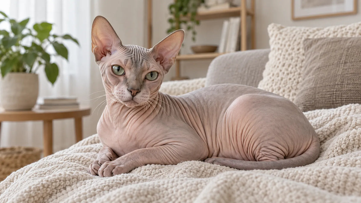 Sphynx cat resting on a soft blanket indoors