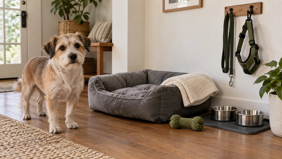 Small dog beside a bed, bowls and a simple home starter kit