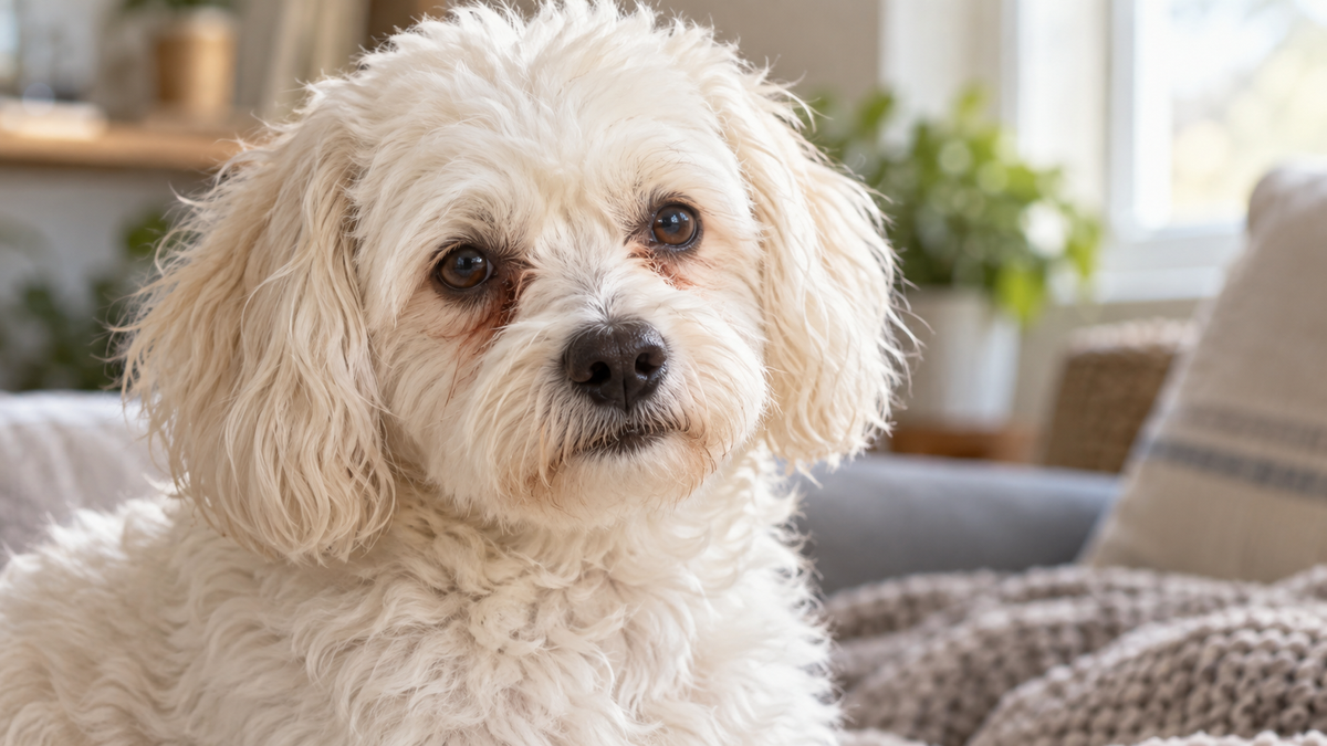 Close-up of a small cream-colored dog with mild reddish-brown tear staining beneath its eyes