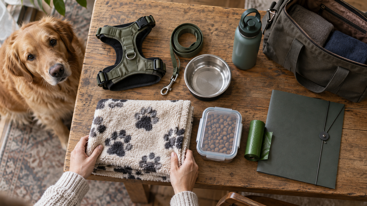 Dog travel supplies on a wooden table beside a dog, including a harness, leash, bowl and folded blanket