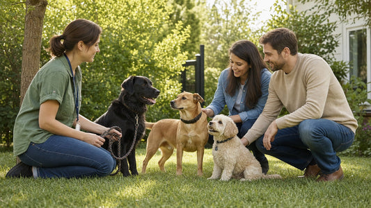 Adults meeting three relaxed family dogs with an adoption professional