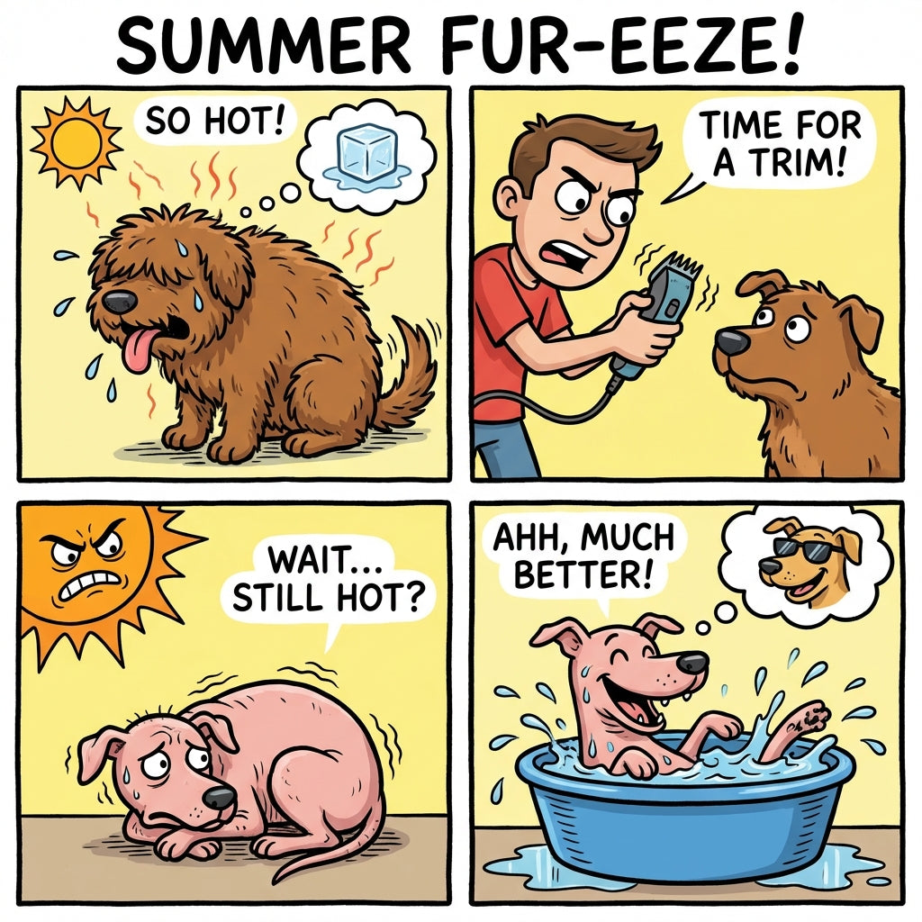 Comic of a shaggy dog being shaved and later sitting in a paddling pool