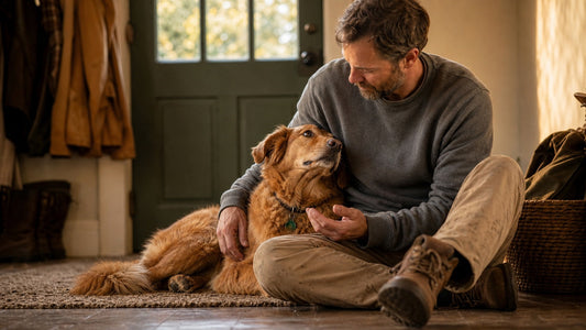 Relaxed dog leaning against its owner after a walk