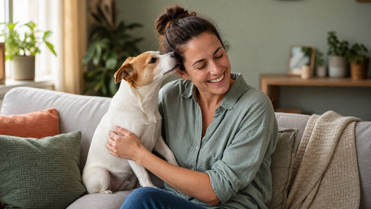Dog gently nuzzling its owner's ear on a sofa