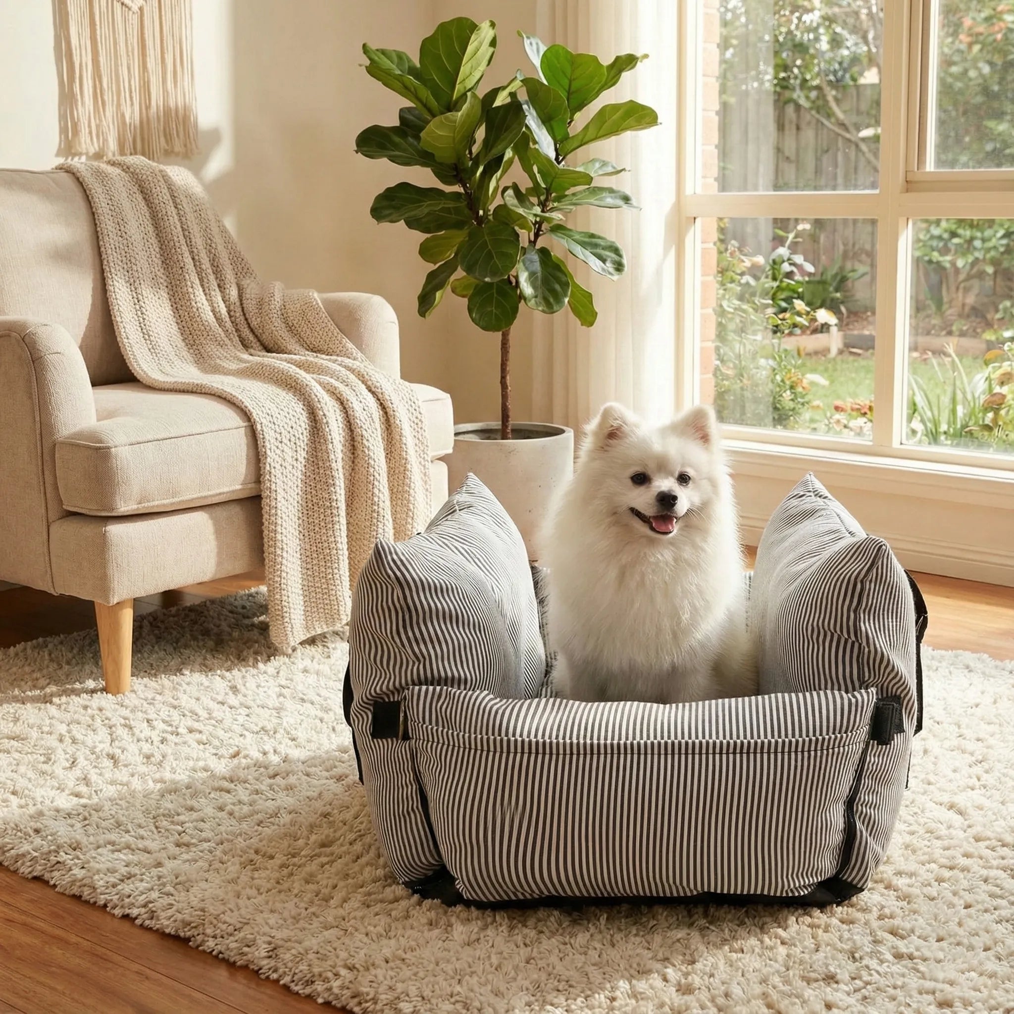 White dog sitting in a striped pet bed in a cozy living room.