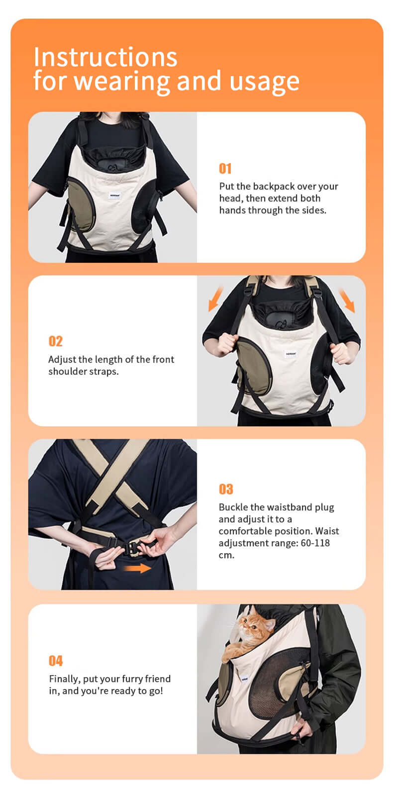 Four illustrated steps for putting on and adjusting the front-facing carrier