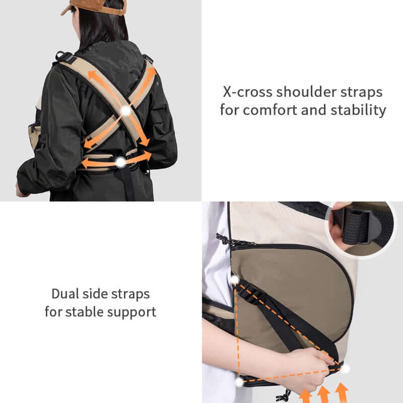 Front-Facing Cuddle Pet Carrier Backpack: X-cross shoulder straps for comfort/stability, dual side straps for support