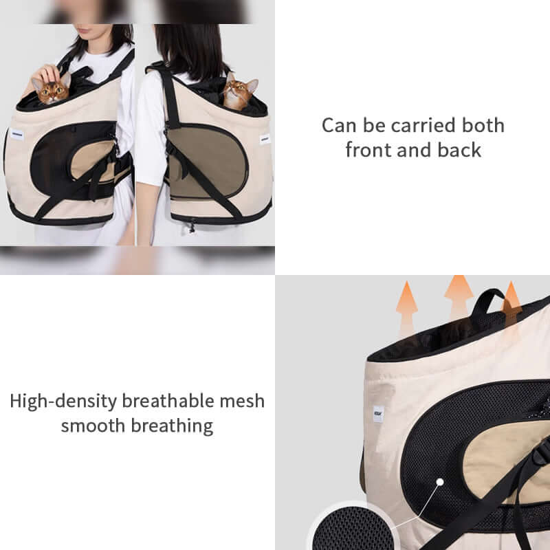 Front and back wearing positions and mesh panels on the pet carrier backpack