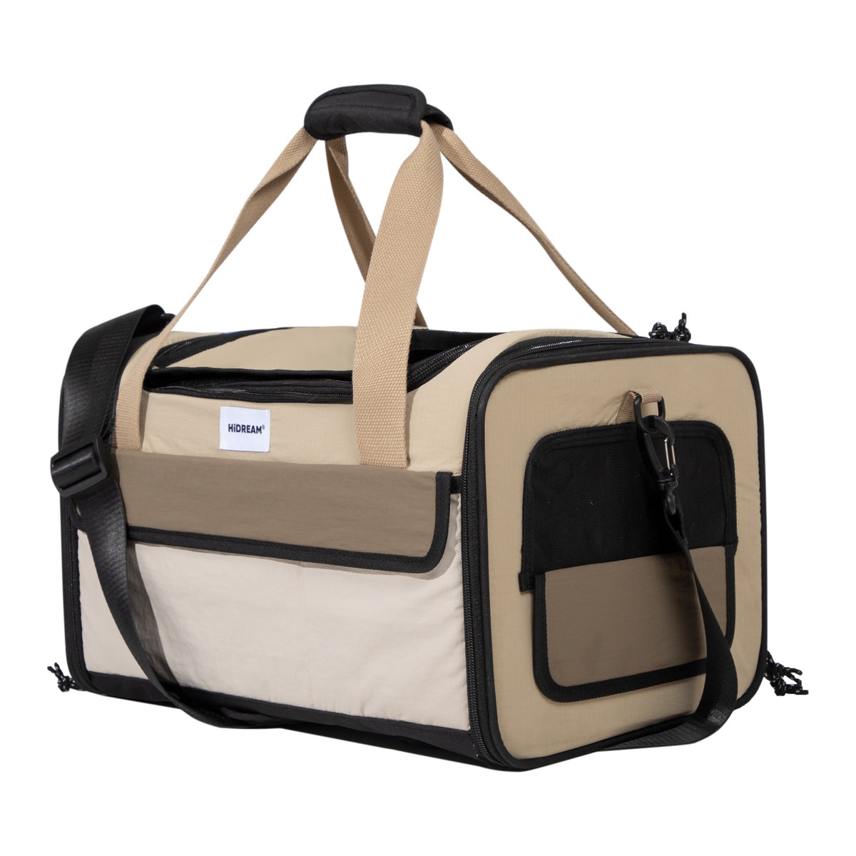 Chestnut brown pet travel tote with carry handles, shoulder strap and a zipped side mesh opening.