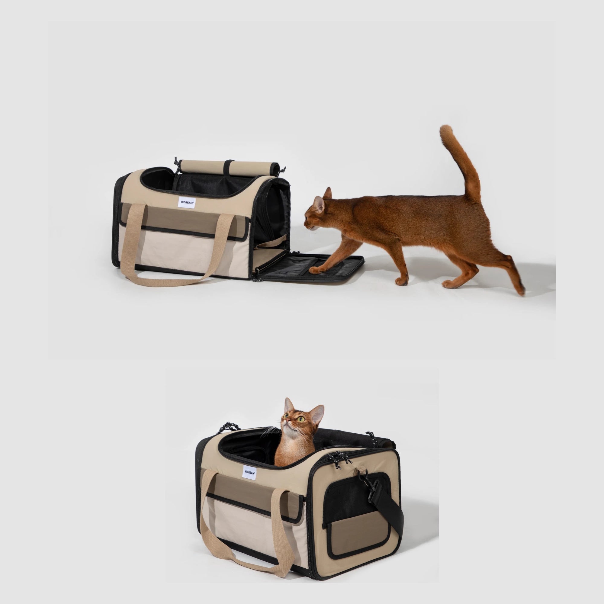 A cat approaching the open side door, with a second photograph showing the open top of the carrier.