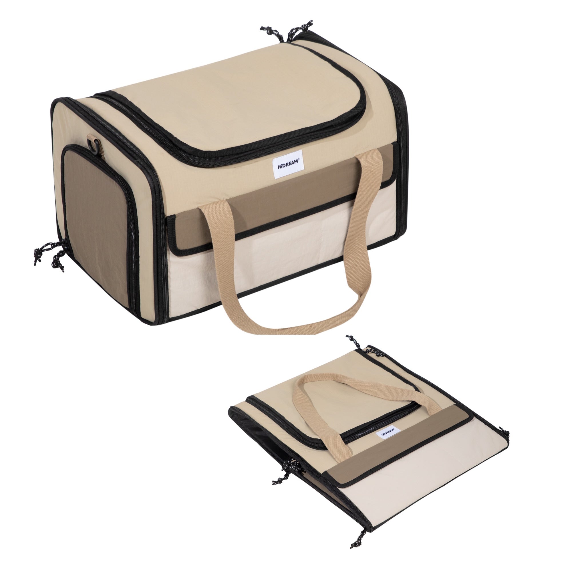 Two product photographs showing the carrier upright and folded flat, without dimension labels added to the image.