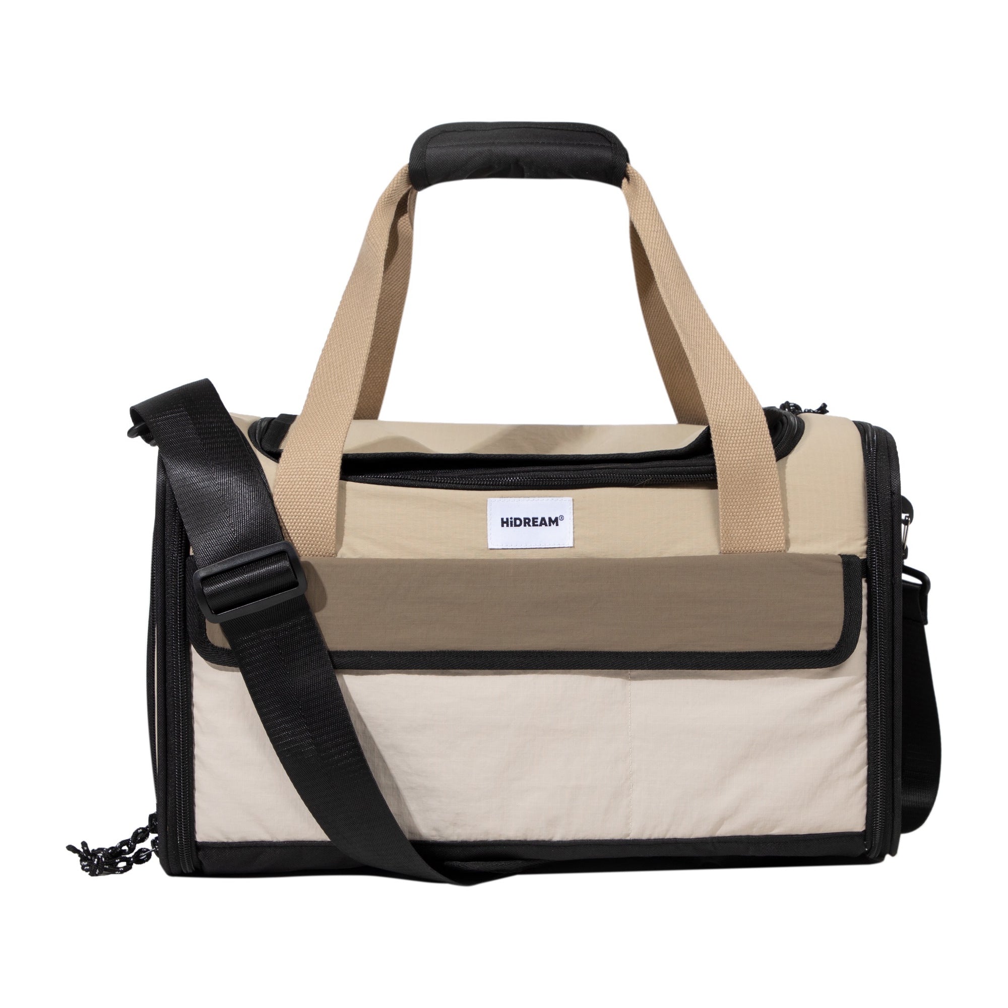 Front view of the chestnut brown carrier with its handles and shoulder strap. No measurements are overlaid on the photograph.