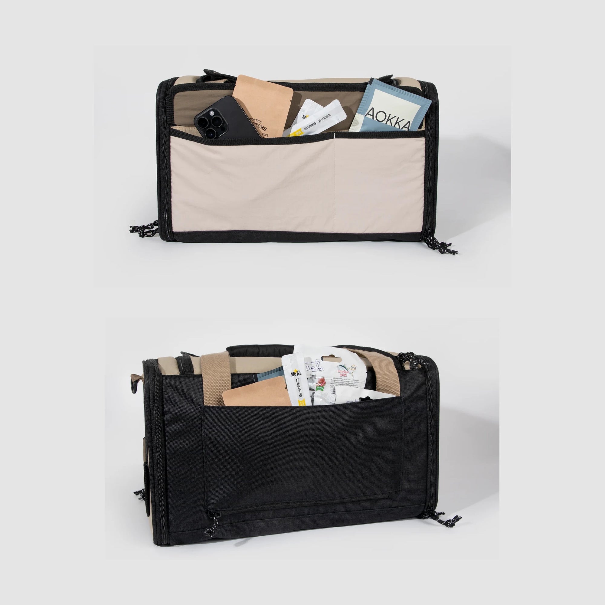 Front and rear storage pockets on the pet tote, shown holding small travel items.