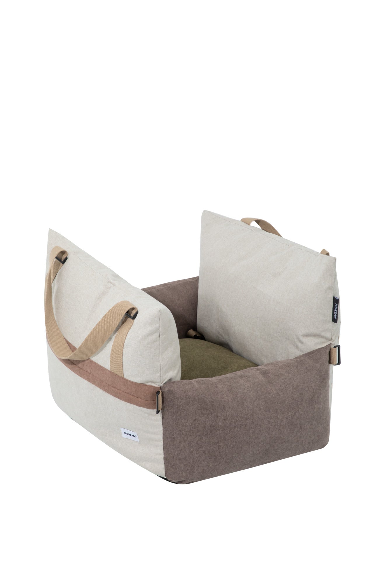 Brown and cream pet car seat bed with raised padded sides, carry handles and an olive-green cushion.
