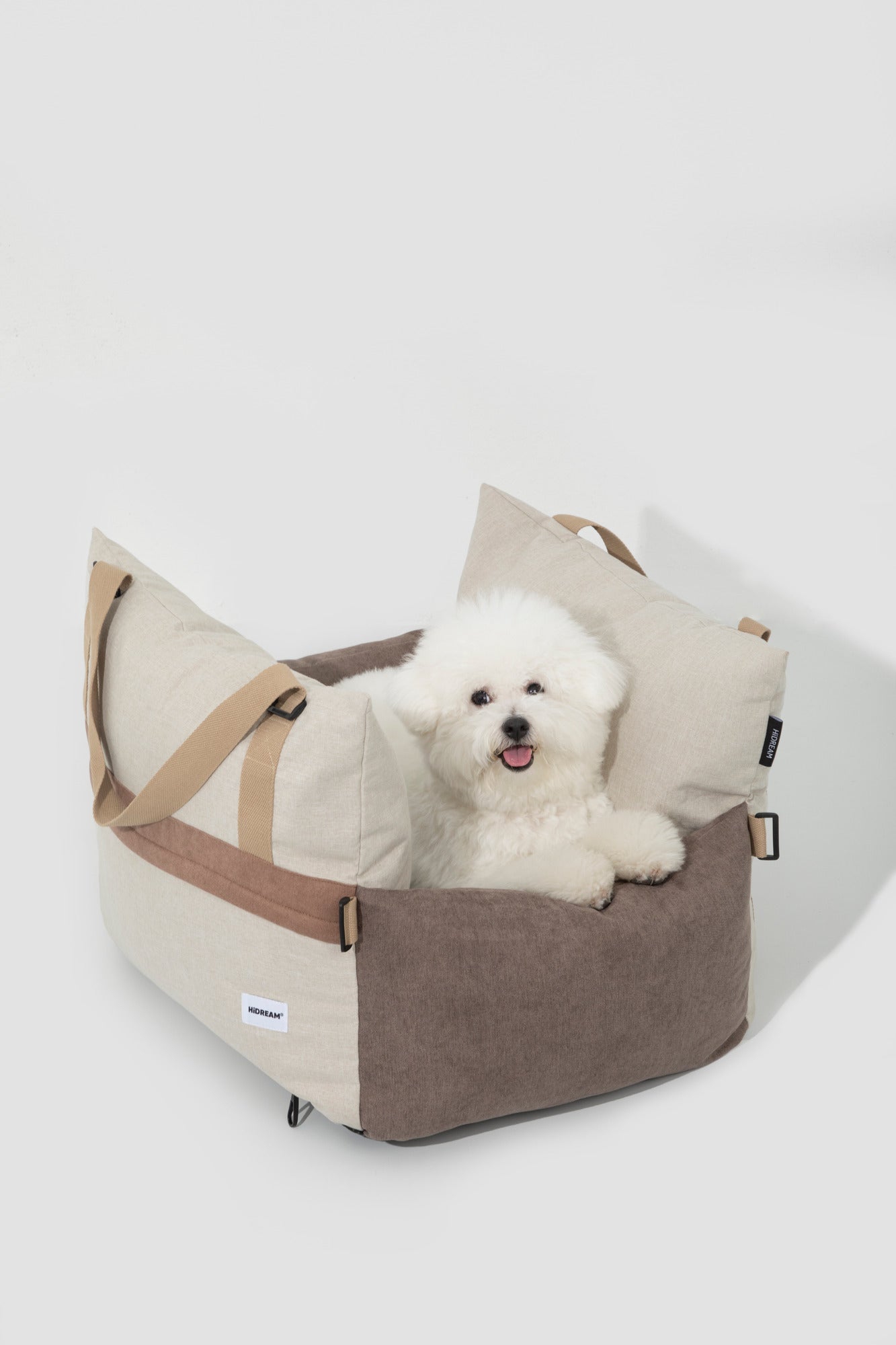 Small white dog resting in the brown and cream pet bed in a studio setting.