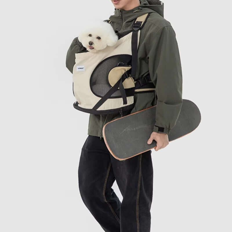 Front-facing cuddle pet carrier backpack with breathable mesh, secure fit for pets up to 13 lbs, hands-free convenience